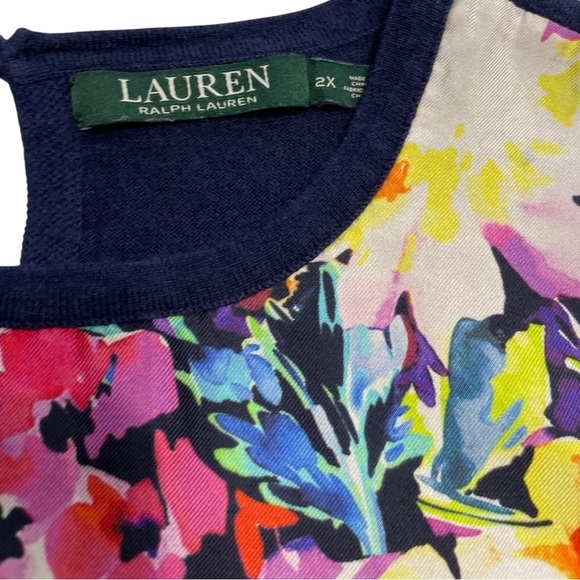 Lauren Ralph Lauren 2XSleeveless Floral Silk Front Knit Back Top Navy Multicolor - Picture 6 of 12